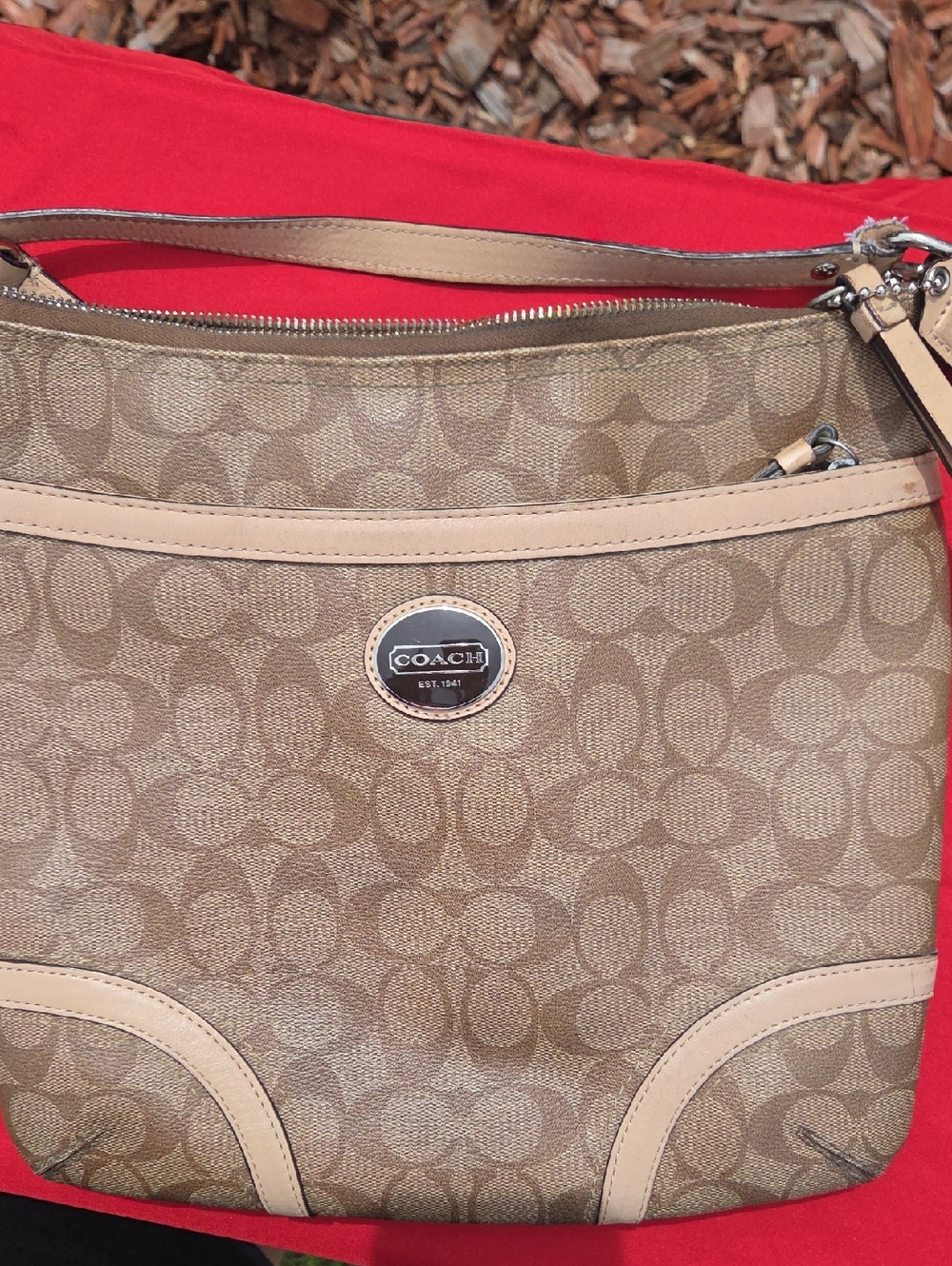 Coach Tan Signature Canvas Shoulder Bag with Leather Trim